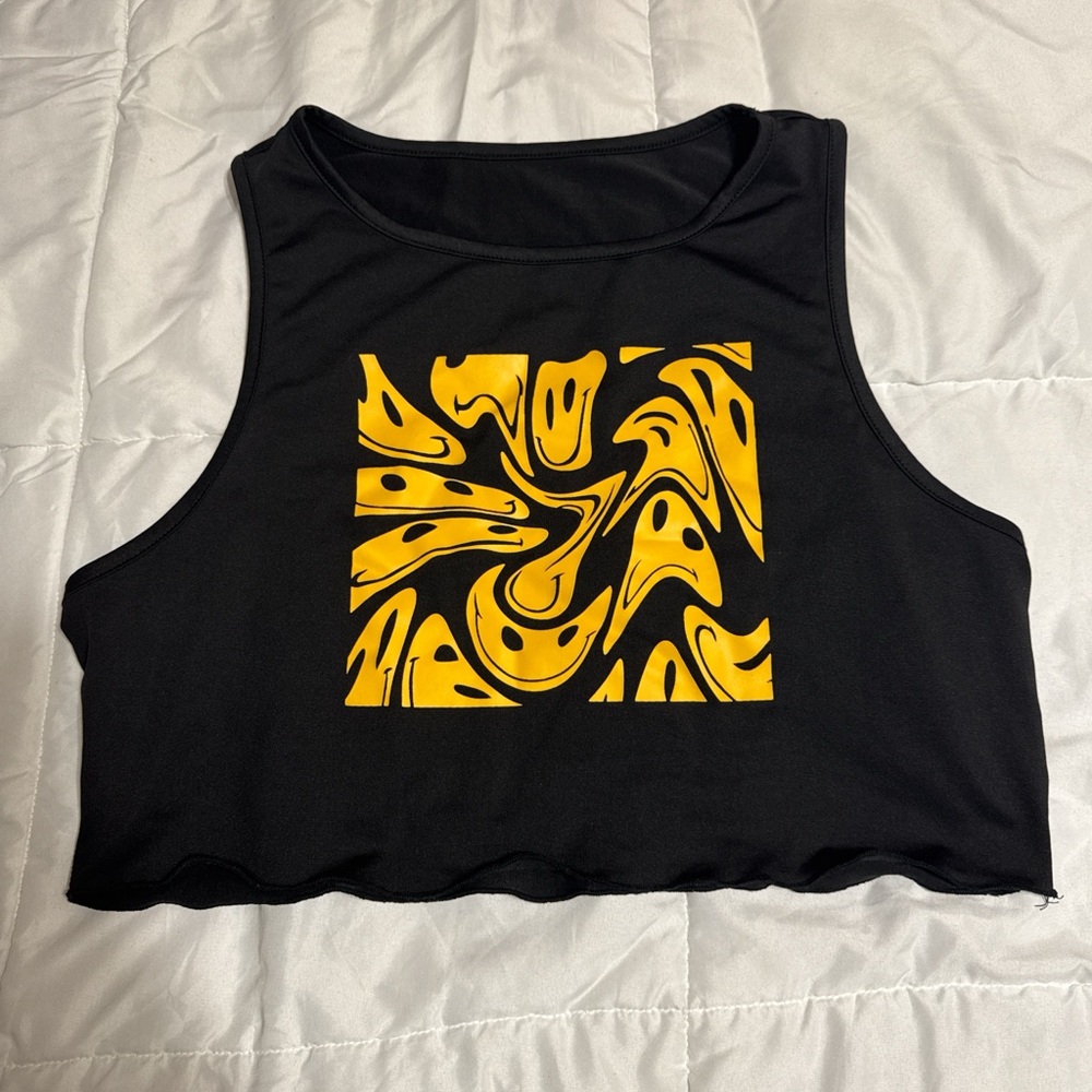 Black Crop Top with Yellow Abstract Design
